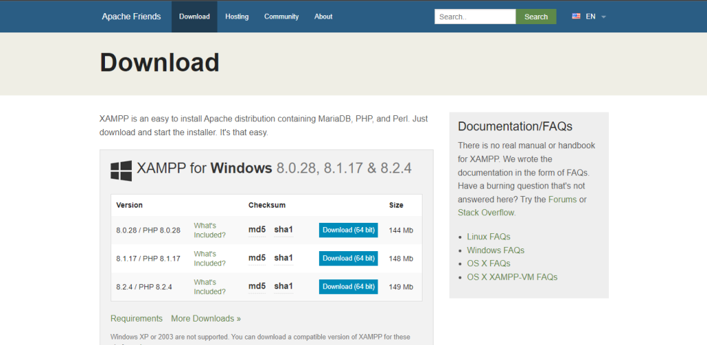 apachefriends website to download xampp