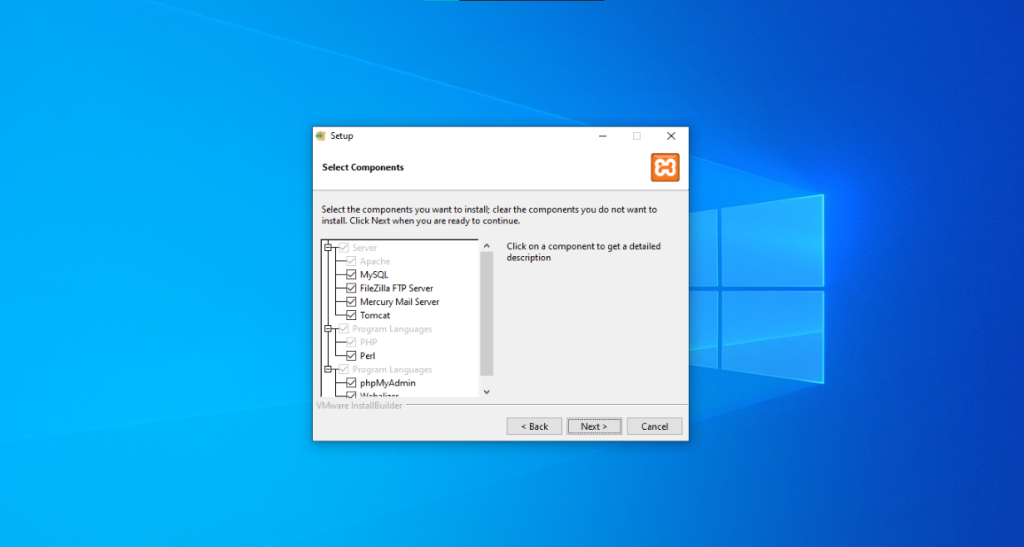 xampp installation screen select components